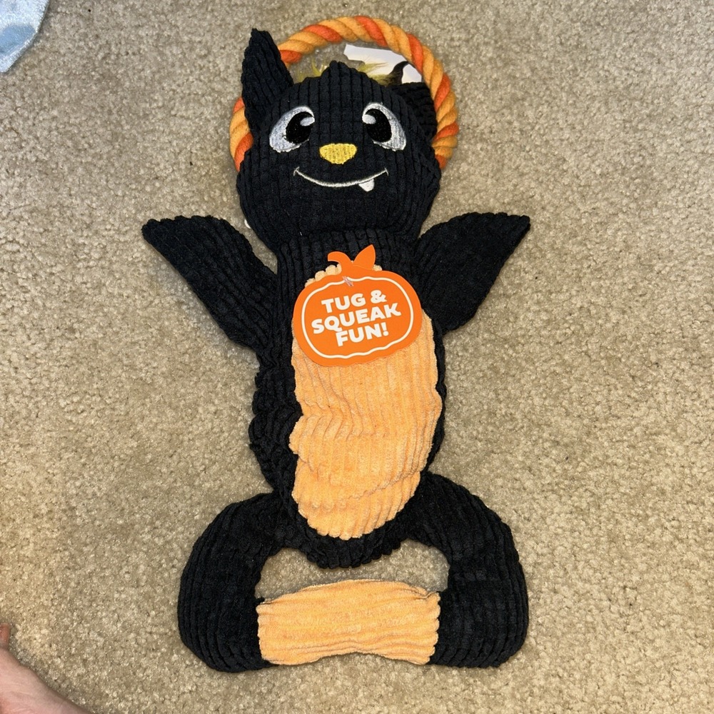 Outward Interactive Plush Squeaky Dog Tug Toy Black Bat Scrunch Bunch 16"